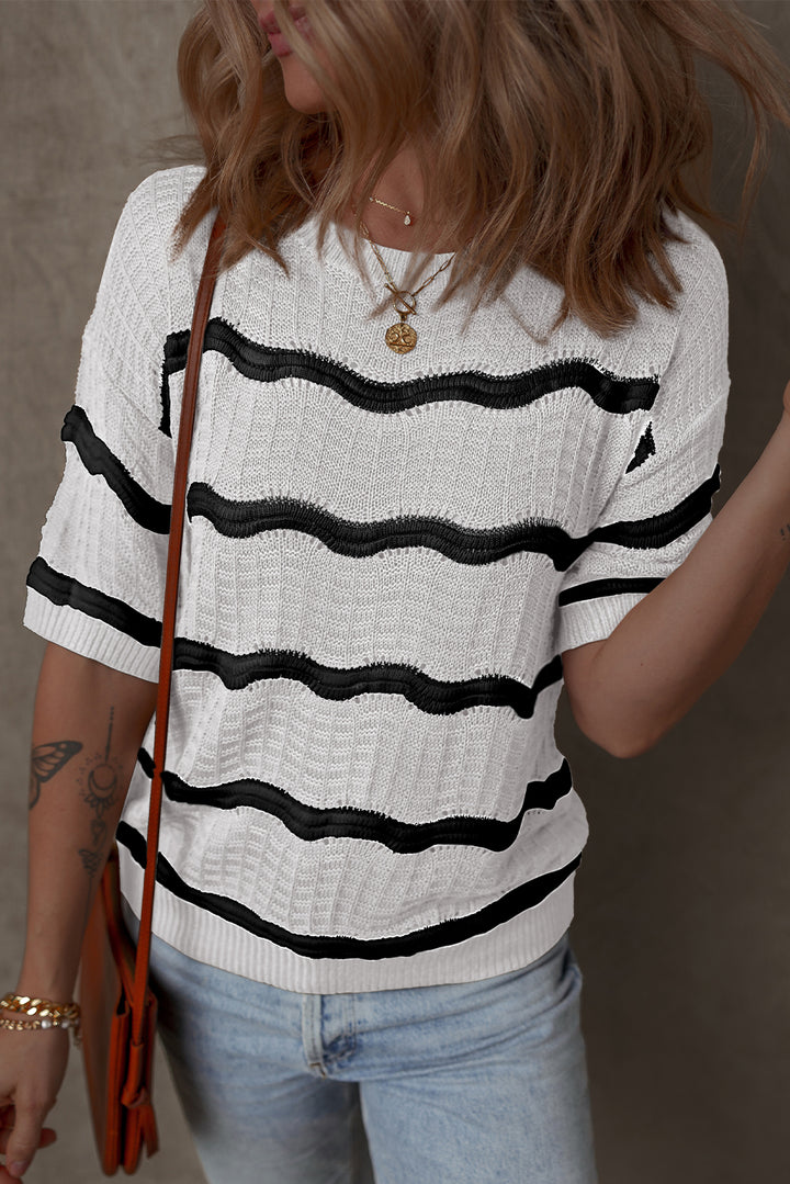 Wavy Textured Knit Half Sleeve Loose Sweater