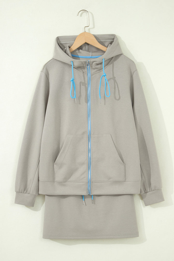 Smoke Green Contrast Trim Zip Up Sporty Jacket Mini Skort 2pcs Set