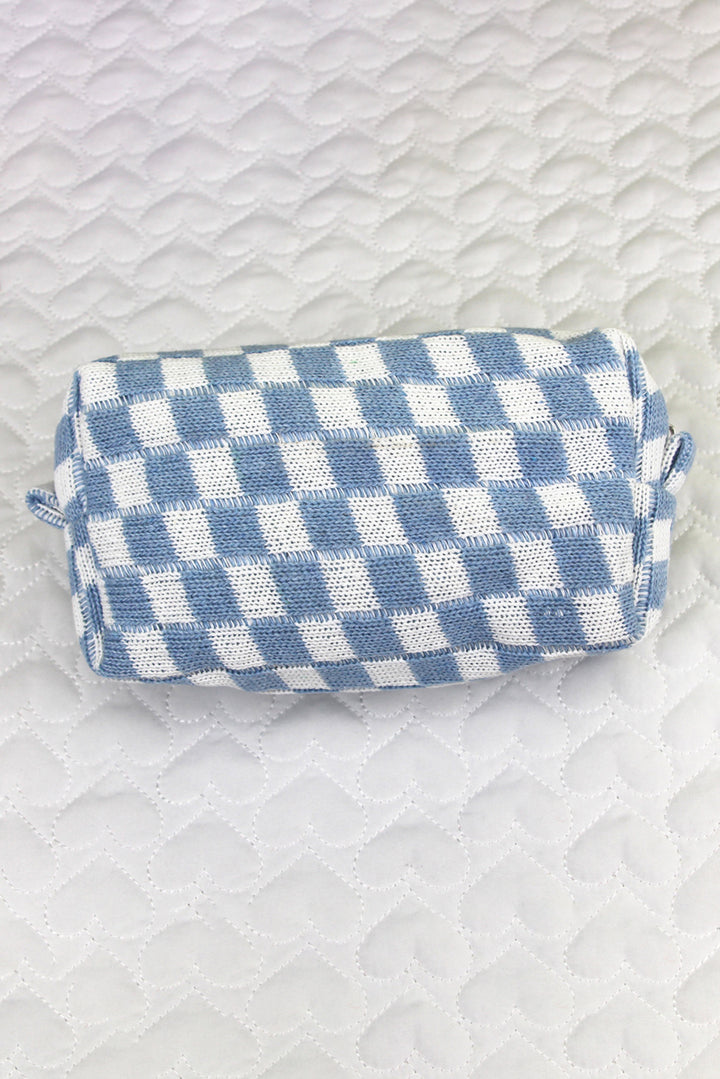 Checkered Knitted Zipper Makeup Bag