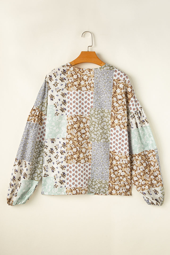 Floral Patchwork Print Long Puff Sleeve Shirt