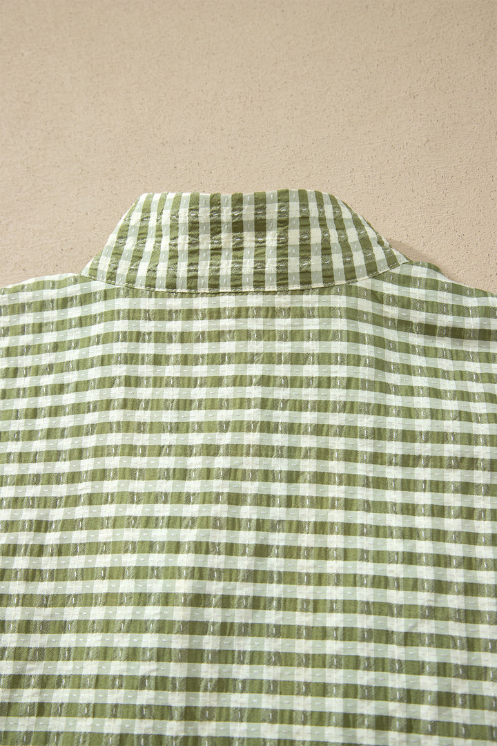 Green Plaid Short Sleeve Colorblock Trim Split Neck Blouse
