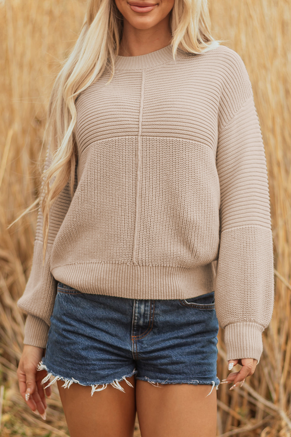 Mixed Texture Patchwork Knitted Puff Sleeve Sweater