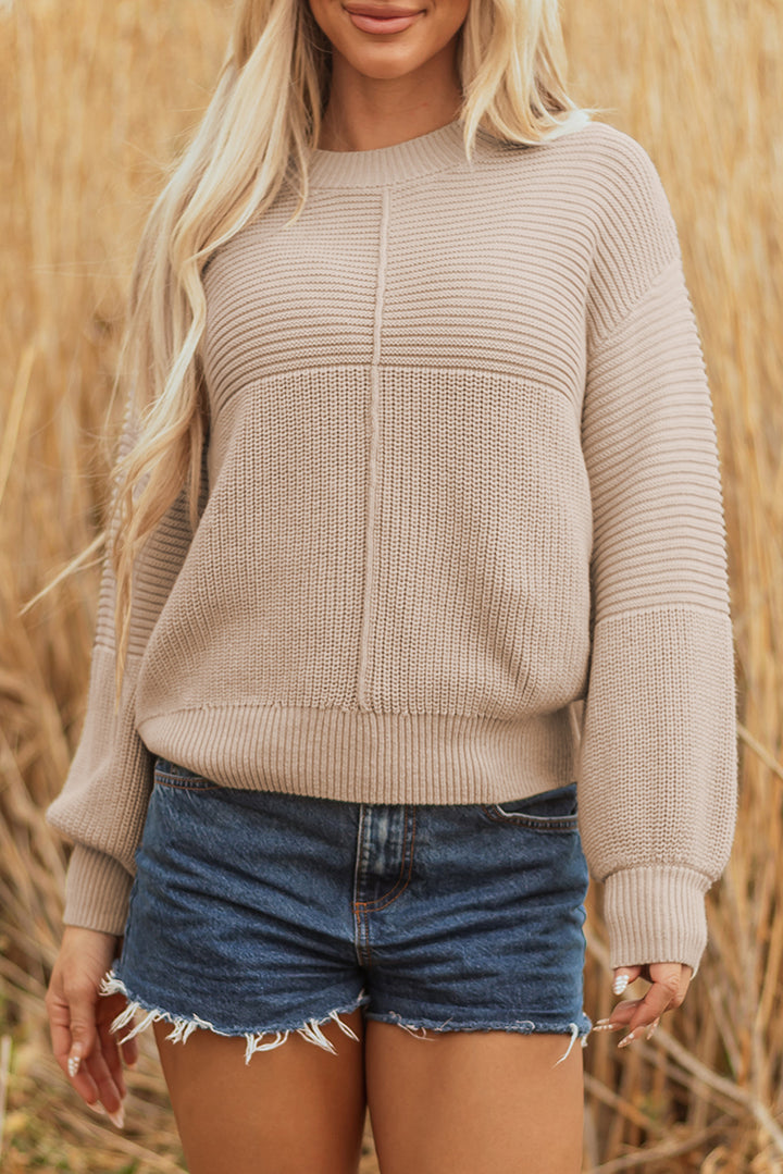 Mixed Texture Patchwork Knitted Puff Sleeve Sweater