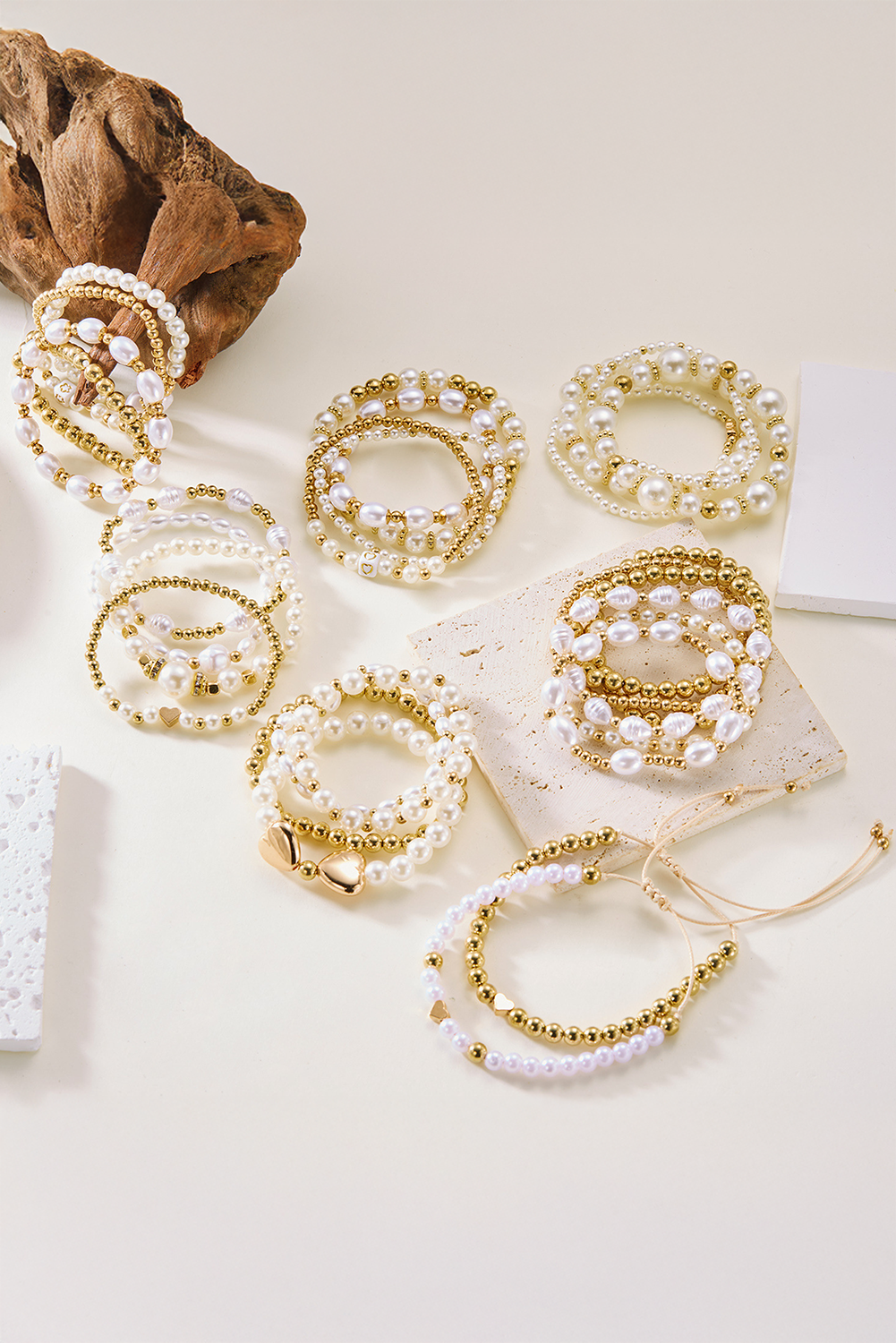 Ensemble de bracelets élastiques en perles plaquées cœur