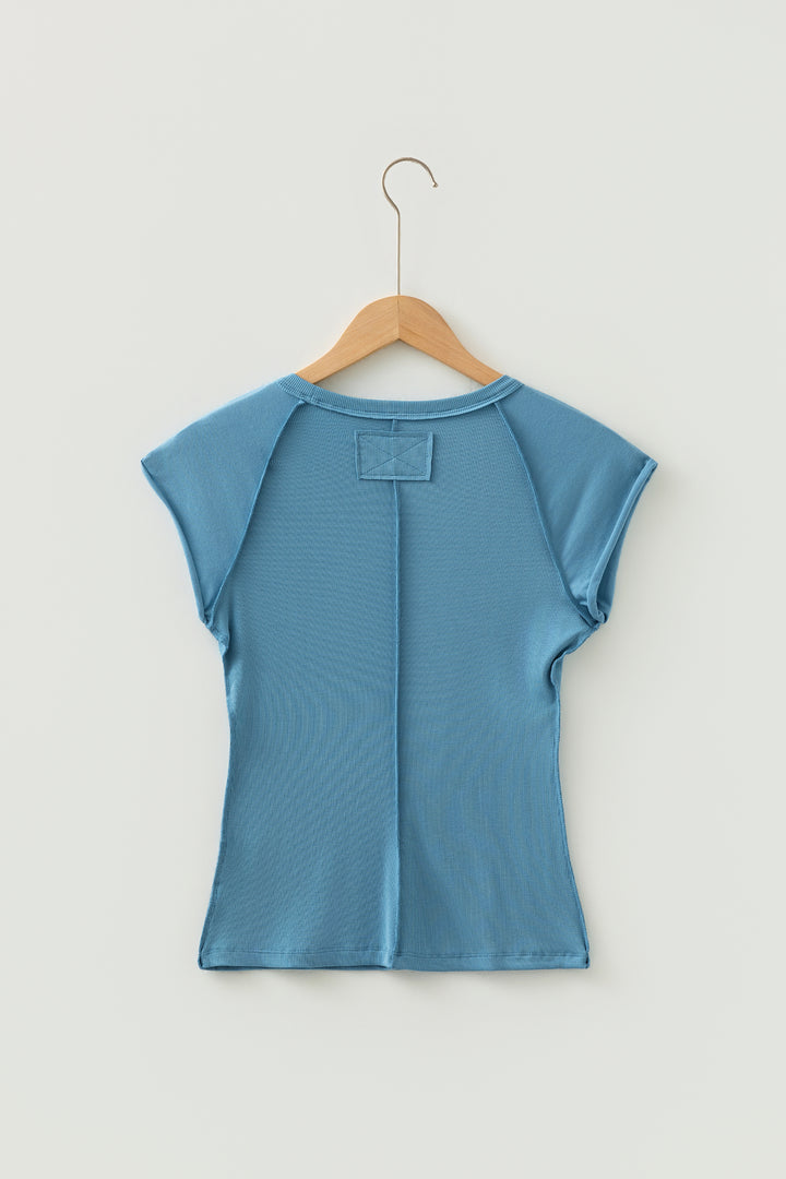 Summer Blue Crew Neck Cap Sleeve Ribbed T Shirt