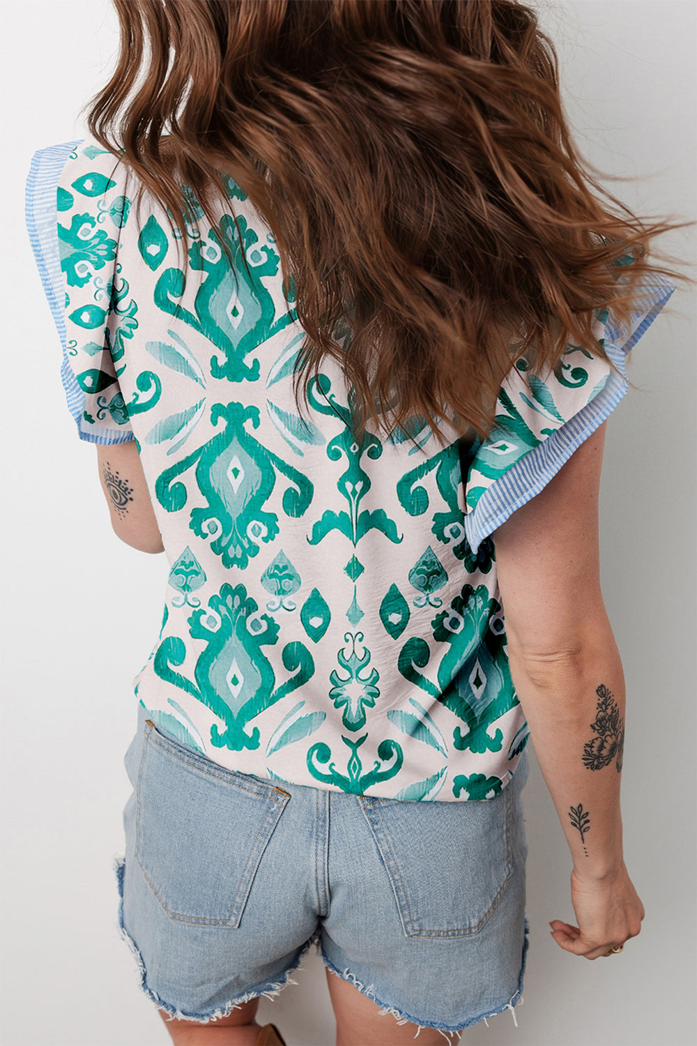 Ethnic Print Striped Trim Flutter Sleeve Top