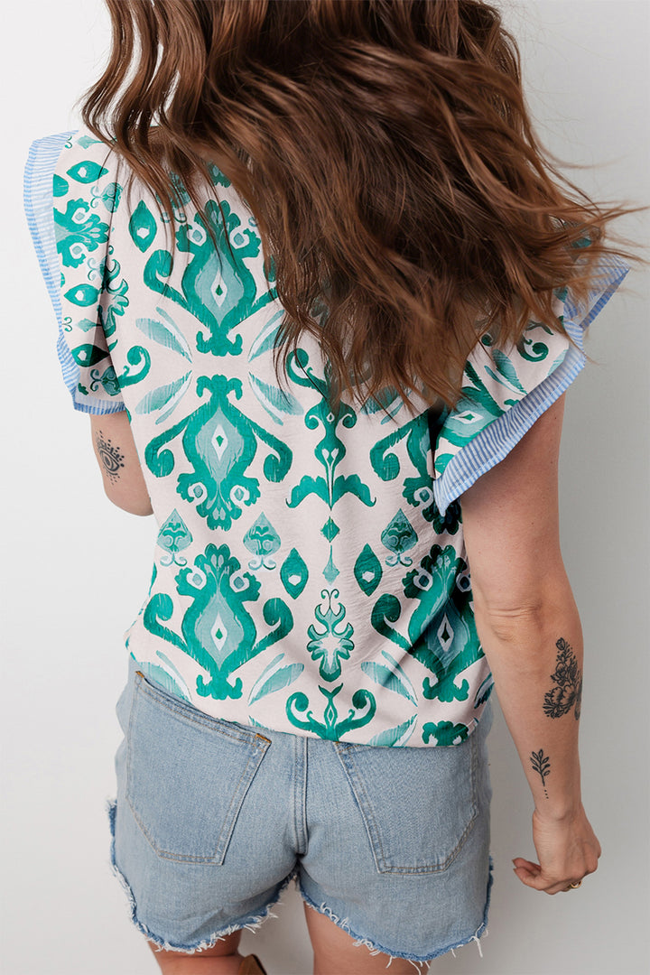 Ethnic Print Striped Trim Flutter Sleeve Top
