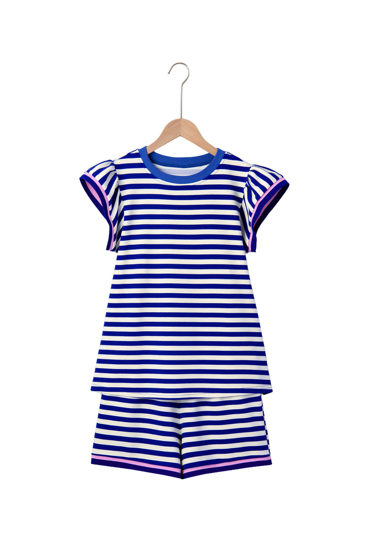 Blue Stripe Contrast Trim Cap Sleeve Top Casual Shorts 2pcs Set