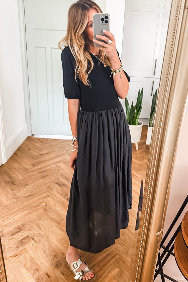 Black Short Sleeve Knit Top Patchwork Pleated Long Dress