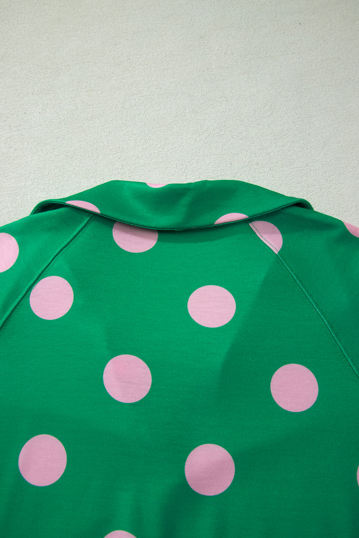 Green Polka Dot Print V Neck Tee Short Set