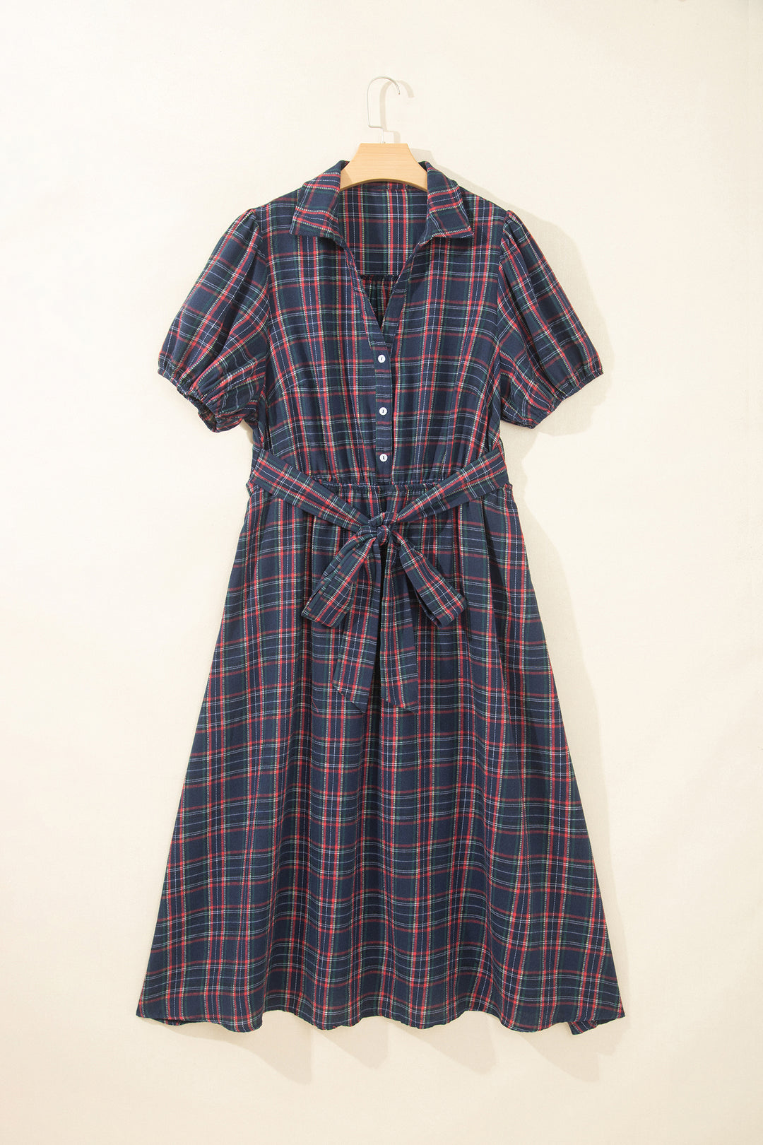 Black Plaid V Neck Belted Waist Short Sleeve Plus Size Dress