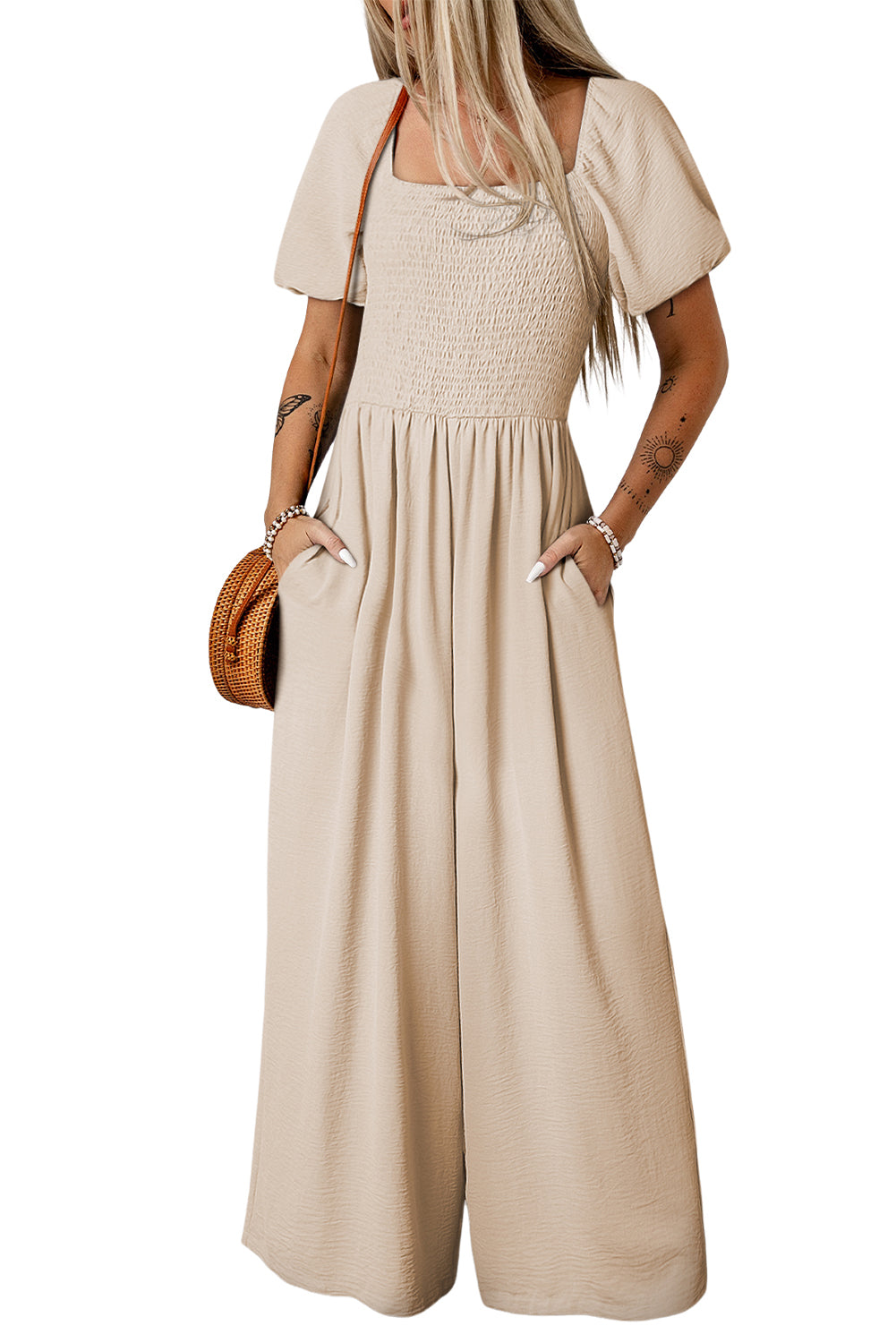 Apricot Short Bubble Sleeve Smocked Wide Leg Jumpsuit