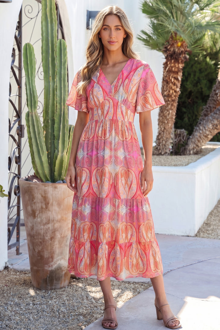 Chic Paisley Print Short Sleeve Boho Maxi Dress with Ruffle Details