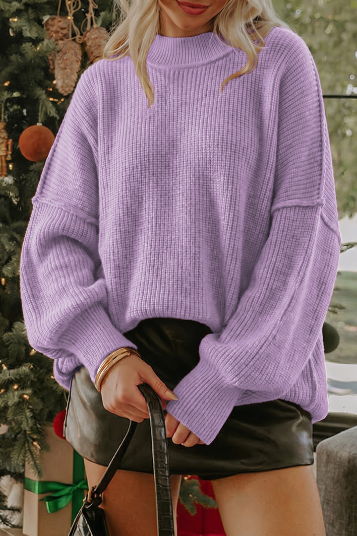 Orchid Bouquet Ribbed Knit Stand Neck Regular Fit Pullover Sweater