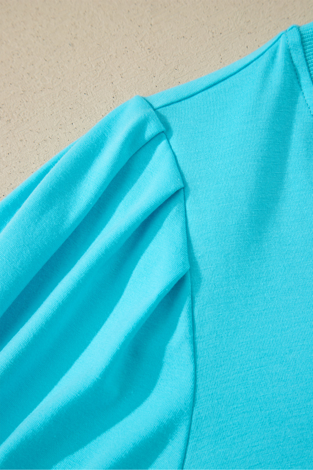Turquoise Solid Color V Neck Short Puff Sleeve Blouse