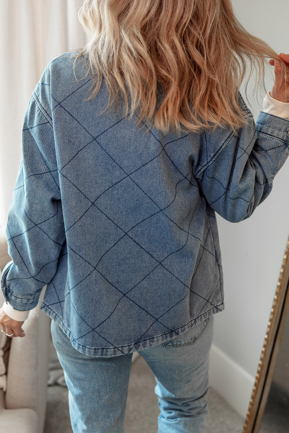 Ashleigh Blue Rhombus Stitched Pattern Button Pocketed Denim Jacket
