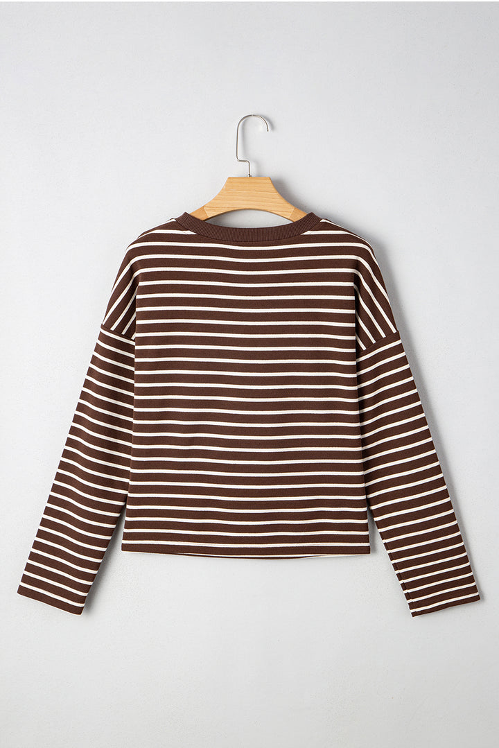 Brown Stripe Ribbed Cropped Crew Neck Long Sleeve T Shirt