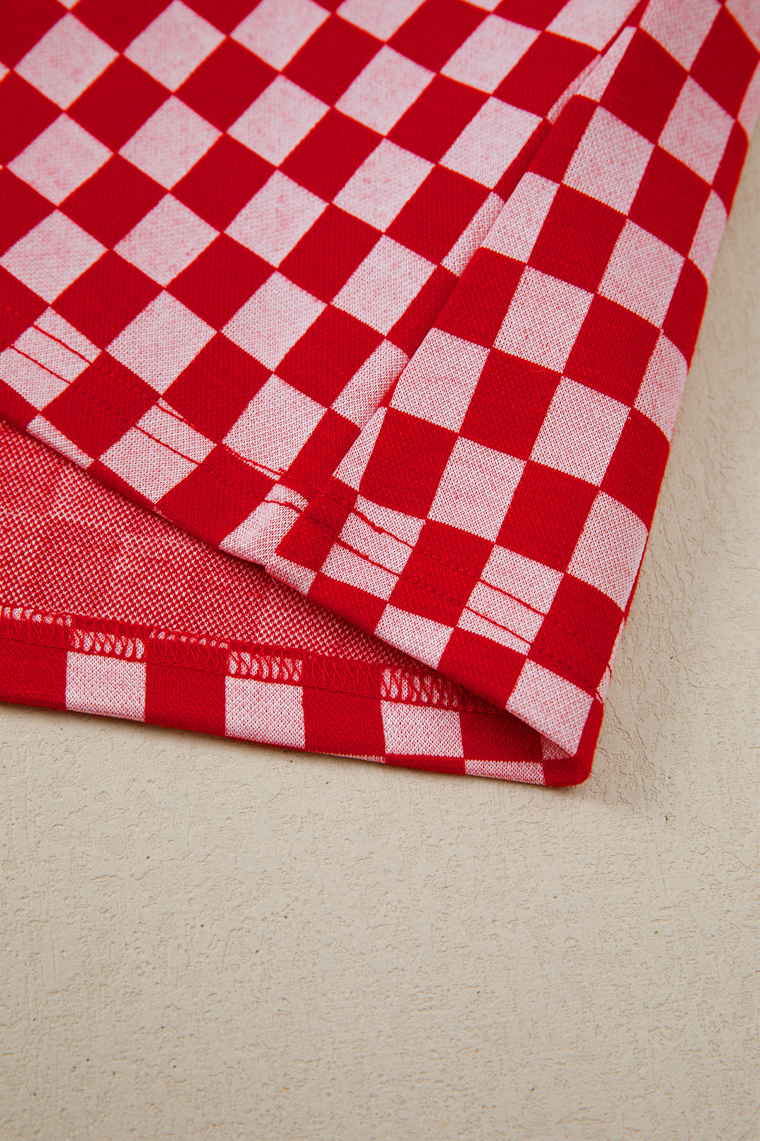Red Checkered Print Ruffle Short Sleeve Contrast Trim Round Neck Top