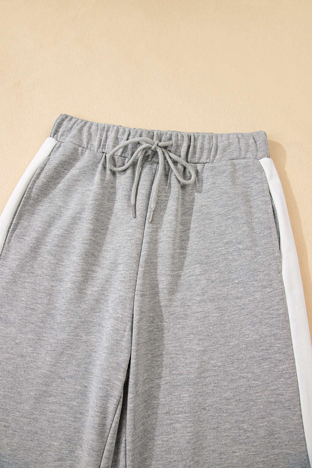 Gray Varsity Stripe Patchwork Puff Sleeve Pullover Drawstring Wide Leg Pant Set