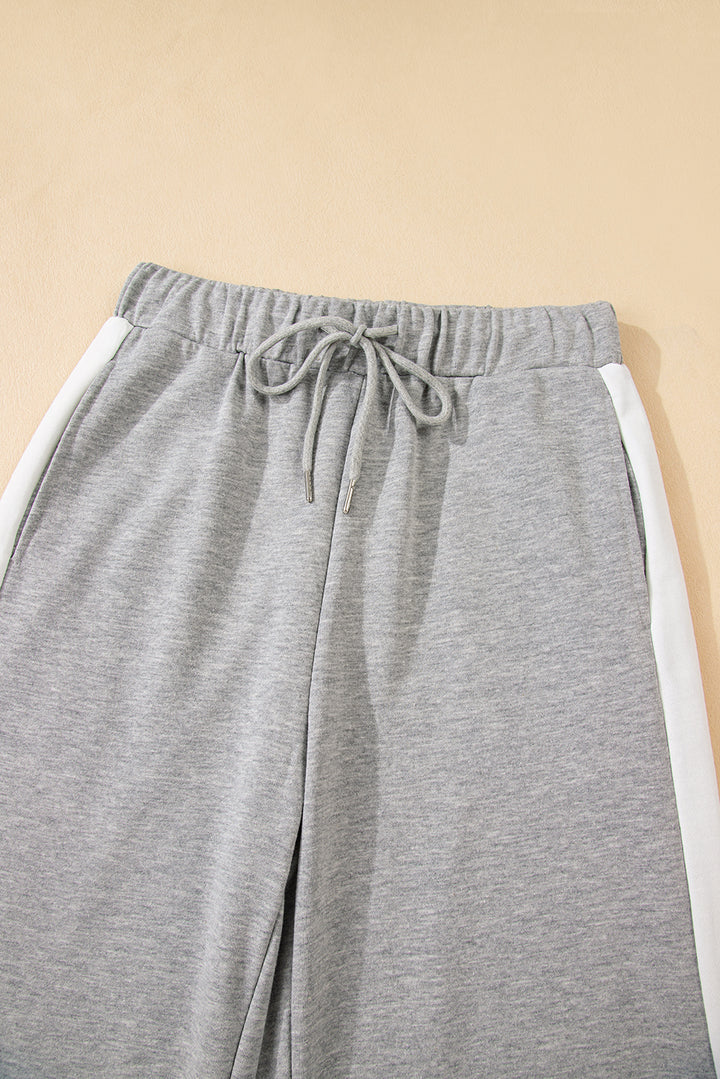 Gray Varsity Stripe Patchwork Puff Sleeve Pullover Drawstring Wide Leg Pant Set