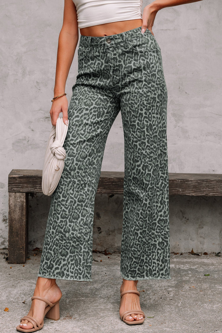 Gray Leopard Frayed Edge Wide Leg High Waist Jeans