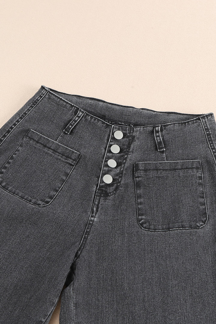 Gray High Waist Button Front Wide Leg Cropped Jeans