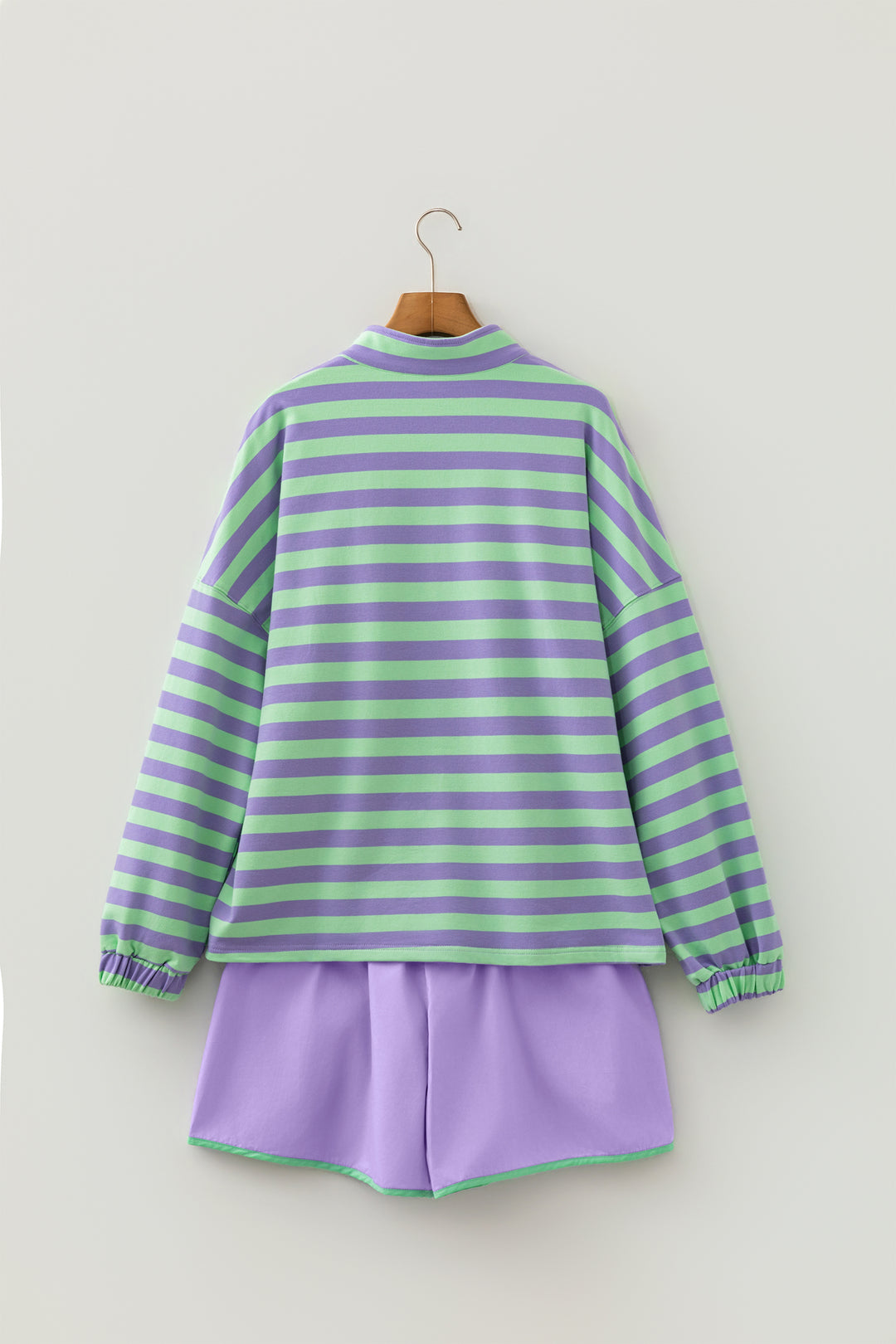 Purple Stripe Half Button Long Sleeve Top Mix and Match Shorts 2pcs Set