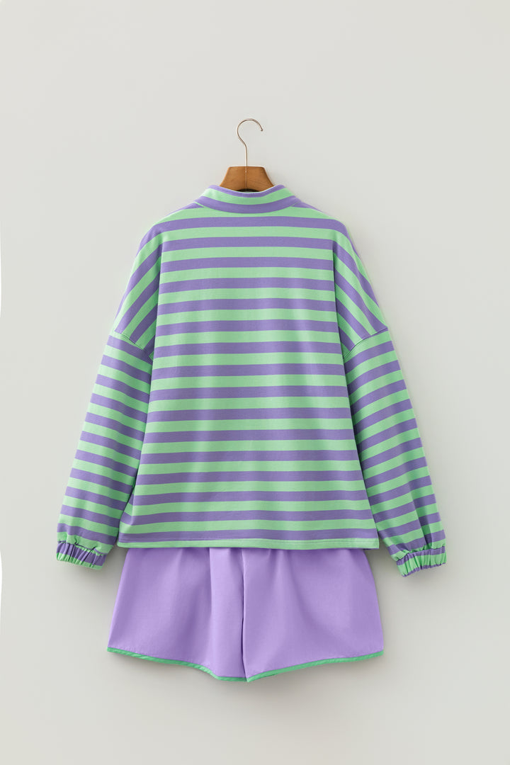 Purple Stripe Half Button Long Sleeve Top Mix and Match Shorts 2pcs Set