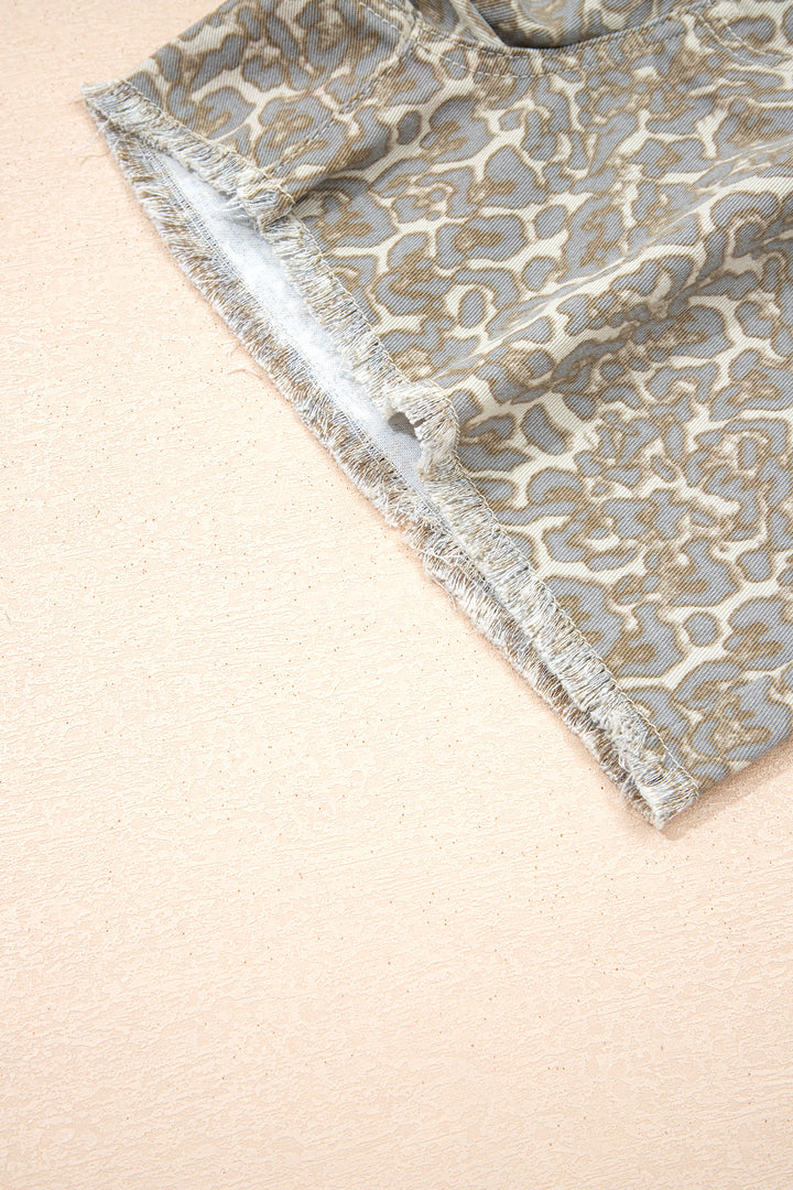 Khaki Raw Edge Leopard Print Denim Shorts