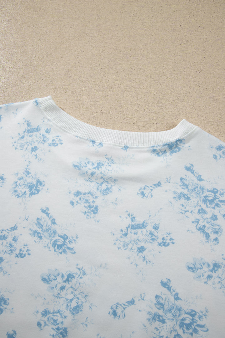 Sky Blue Floral Print Long Sleeve Top Ruffle Hem Shorts 2pcs Set