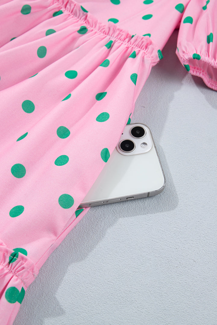 Pink Polka Dot Print V Neck Short Sleeve Tiered Mini Dress