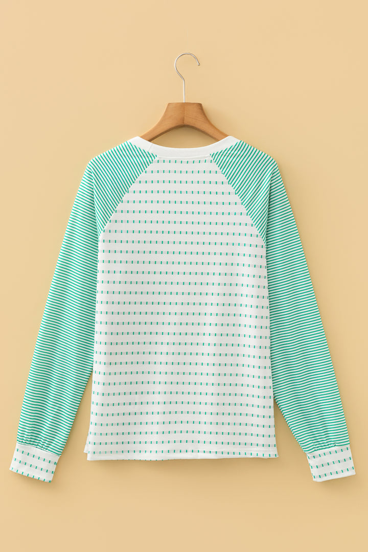 Green Stripe Raglan Patchwork Long Sleeve Tee