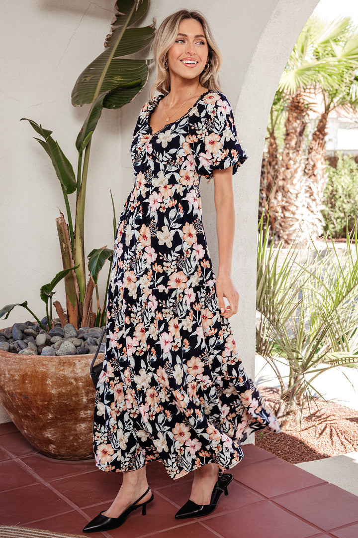 Short Sleeve Smocked Detail High Waist Floral Maxi Dress