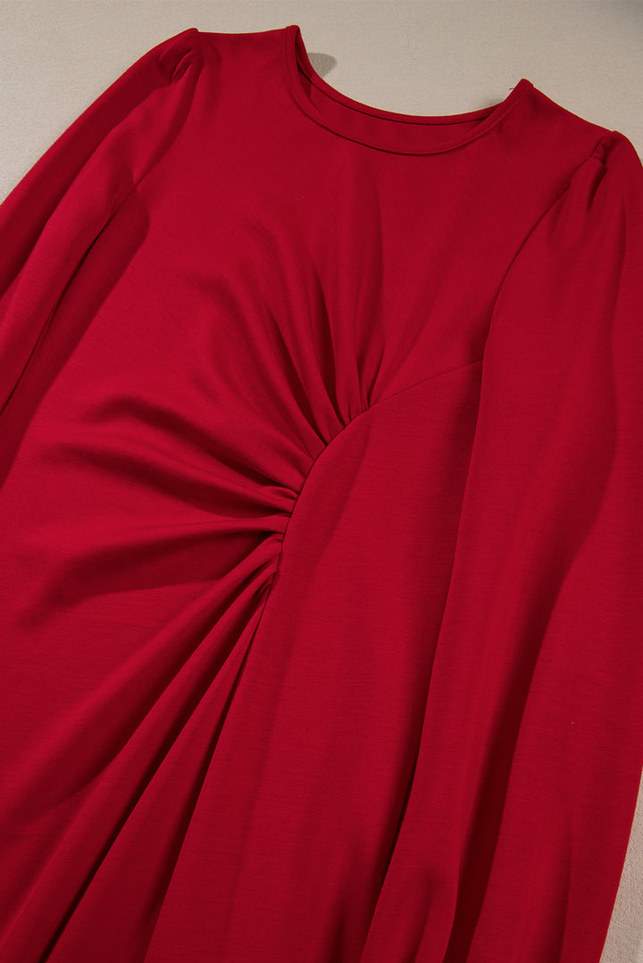 Fiery Red Solid Color Ruched Detail Long Sleeve Midi Dress