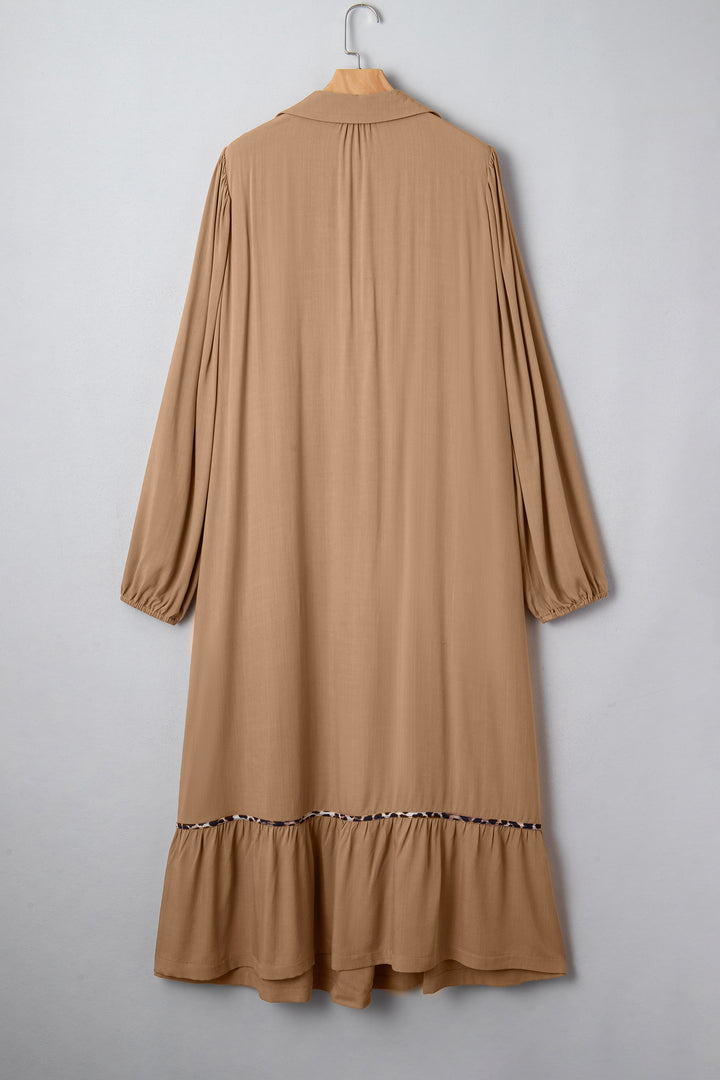 Chestnut Smocked V Neckline Leopard Piping Plus Size Long Dress