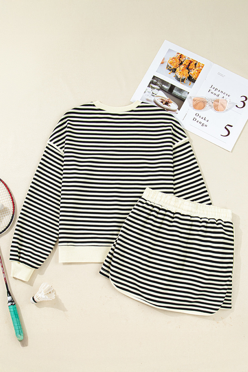 Black Stripe Textured Pullover Top Drawstring Mini Skort Two Piece Dress Set