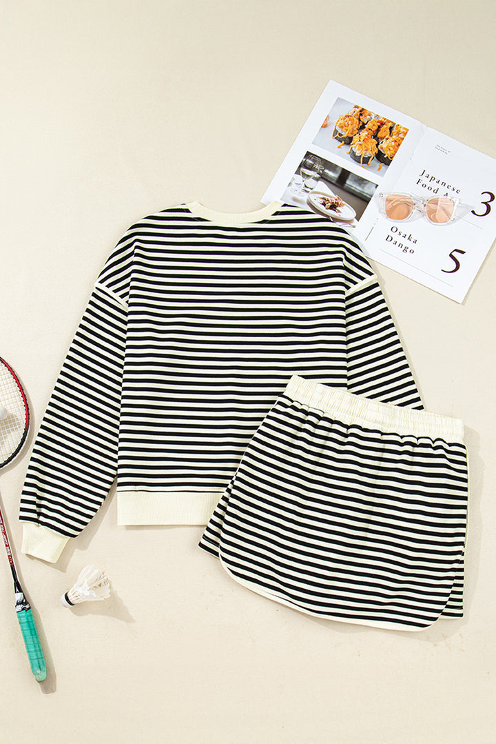 Black Stripe Textured Pullover Top Drawstring Mini Skort Two Piece Dress Set