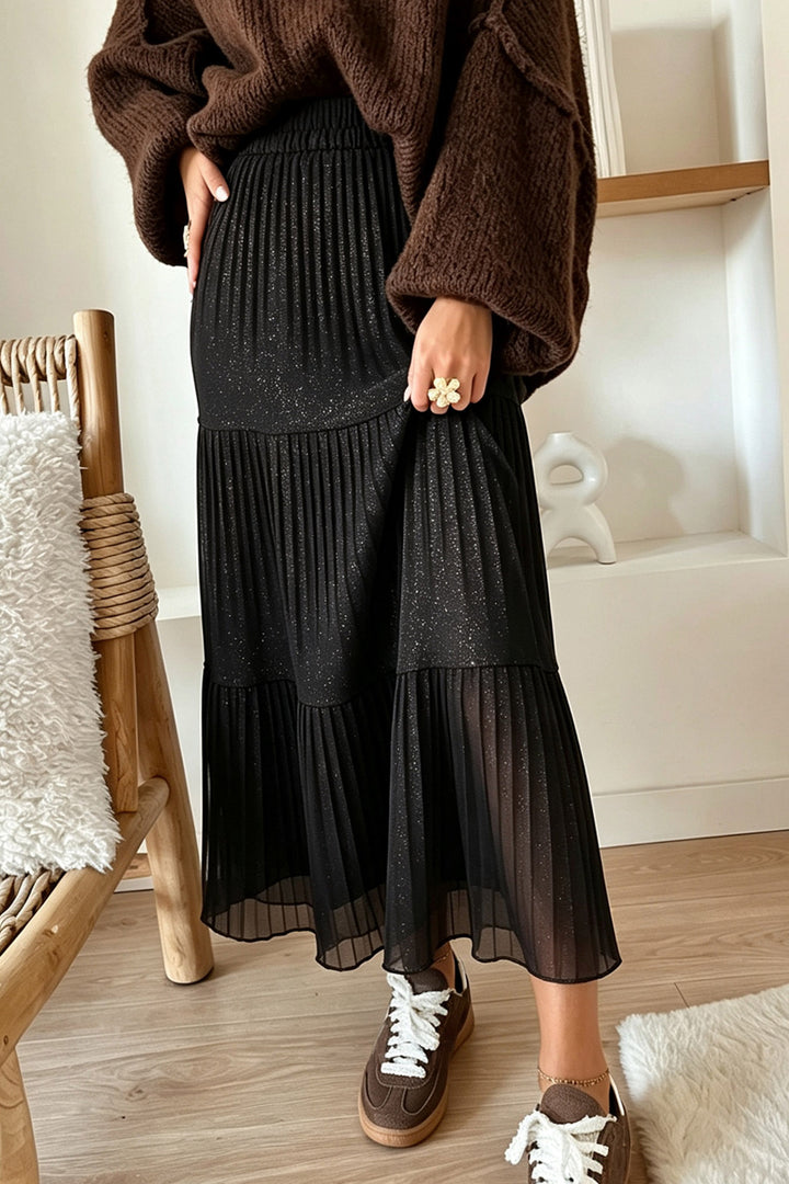 Black Solid Color Shimmer Detail Pleated Tiered Long Skirt