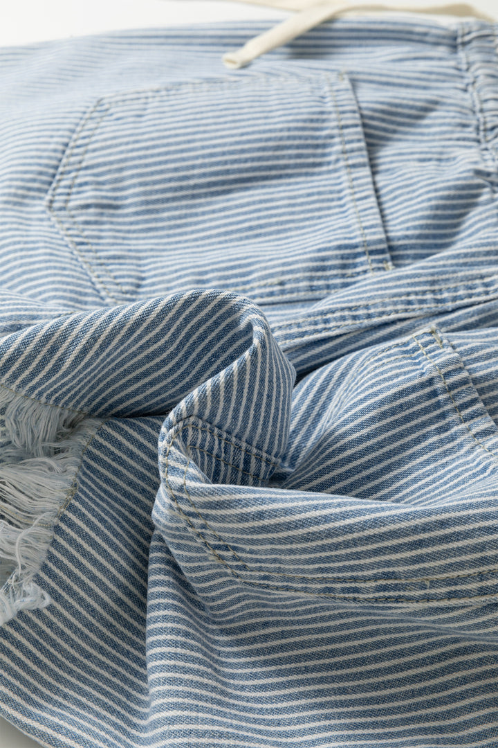 Sky Blue Stripe Raw Edge Drawstring Elastic Waist Casual Denim Shorts