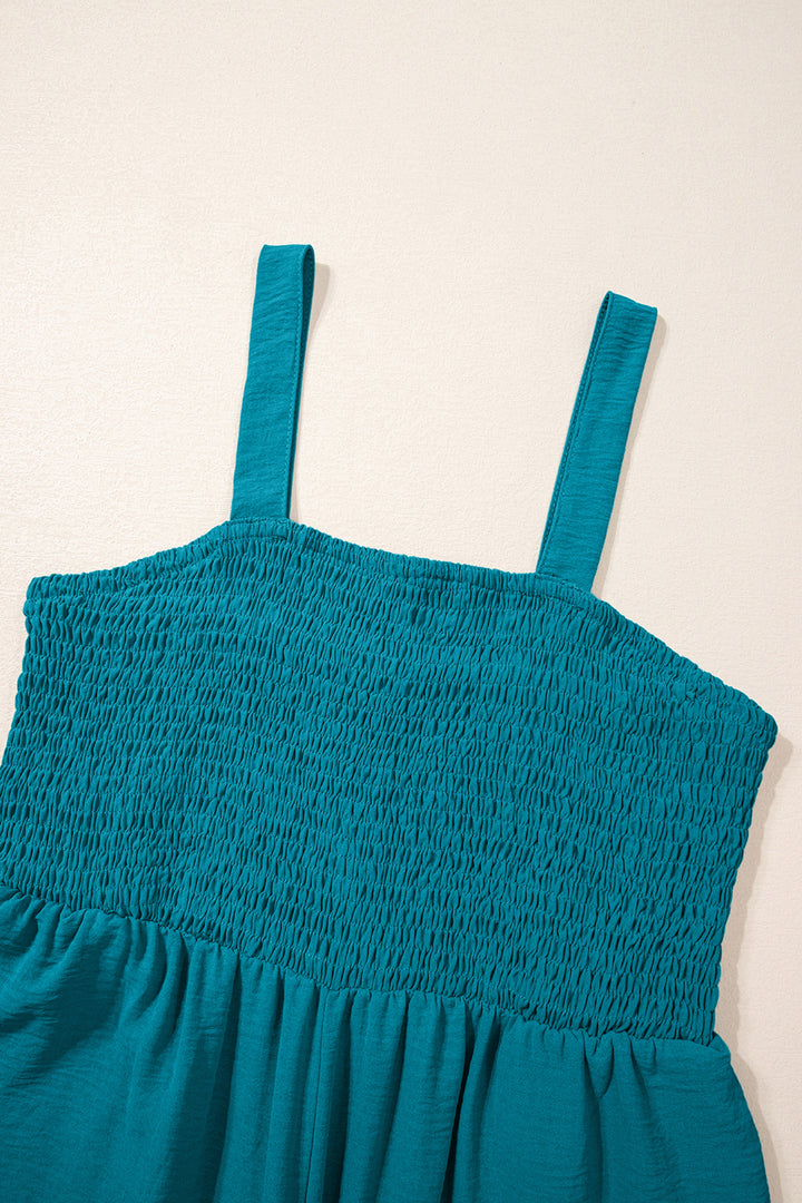Peacock Blue Smocked Square Neck Sleeveless Jumpsuit with Pockets