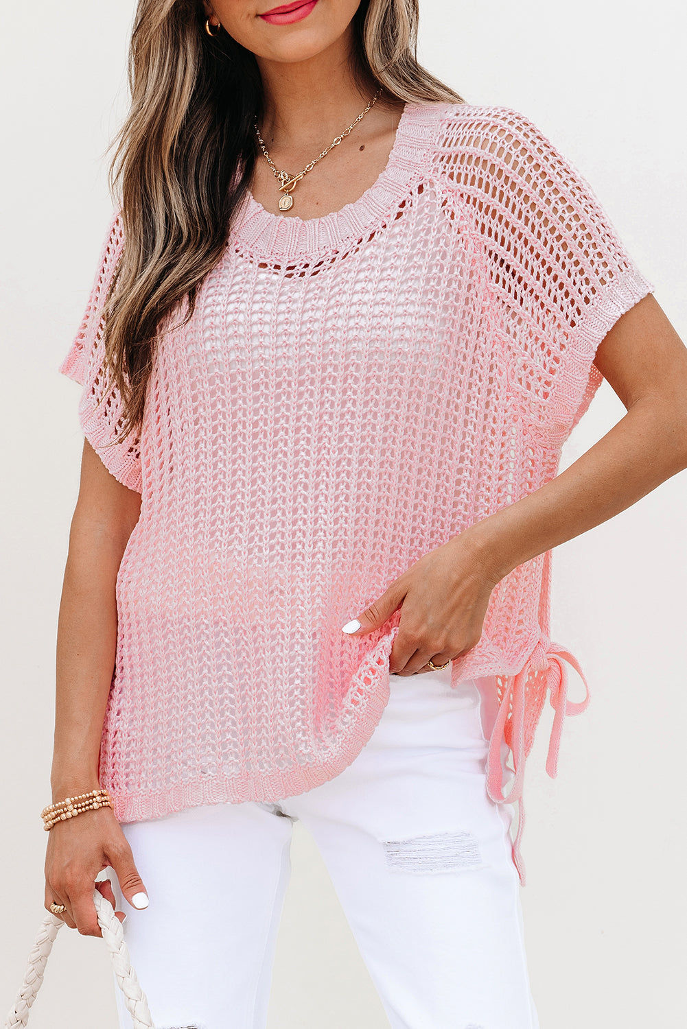 Hollow-out Crochet Side Tied Short Sleeve Sweater