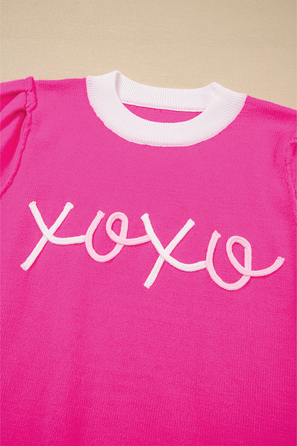 XOXO Embroidered Graphic Valentines Contrast Trim Crew Neck Short Puff Sleeve Sweater Tee