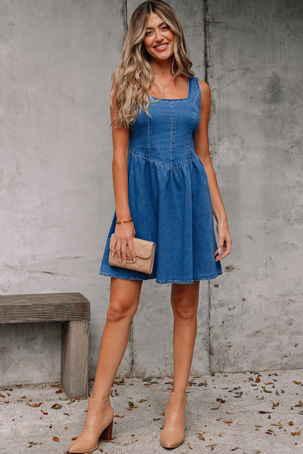 Square Neck Bowknot A-line Sleeveless Denim Dress