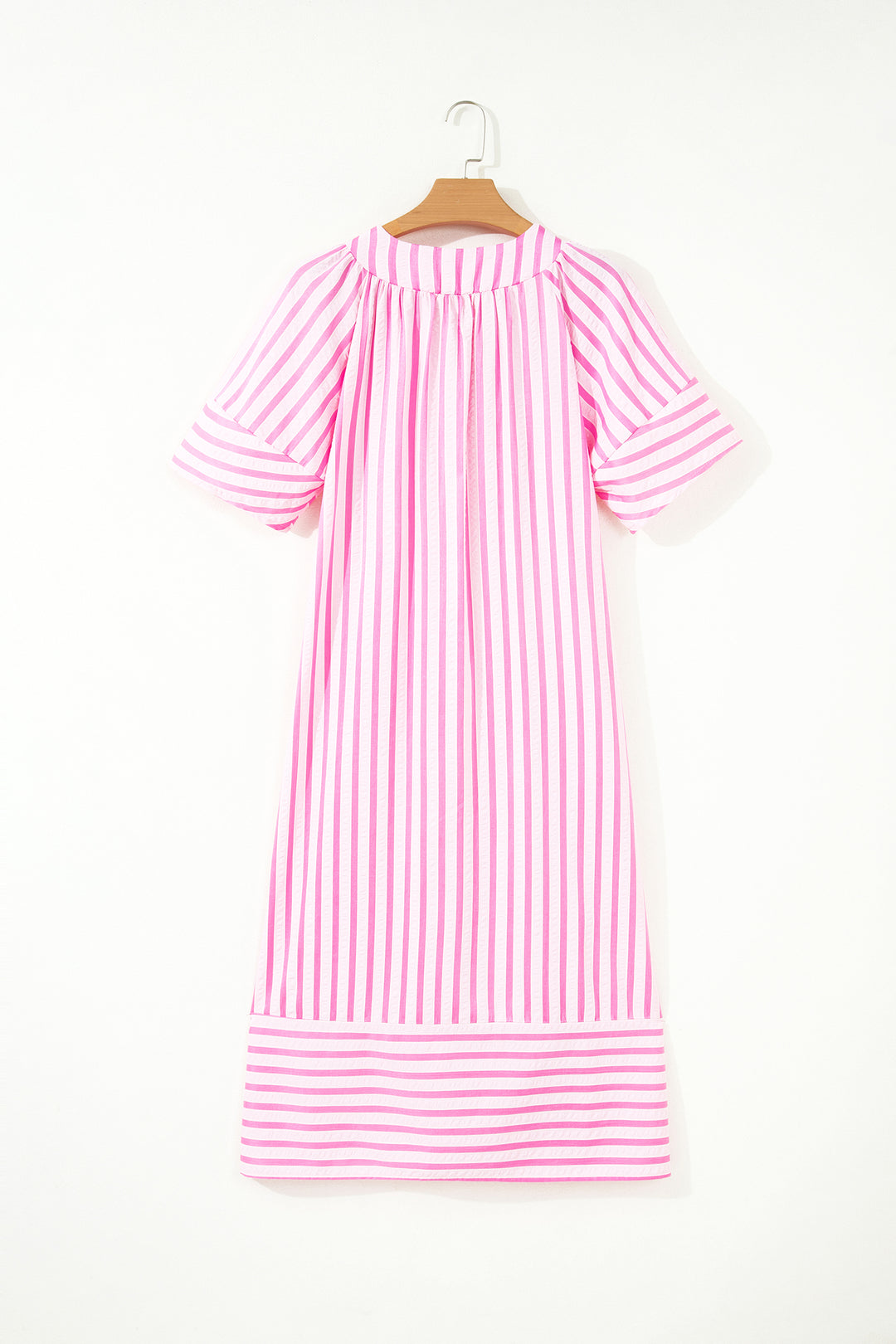Pink Stripe V Neck Short Sleeve Shift Long Dress