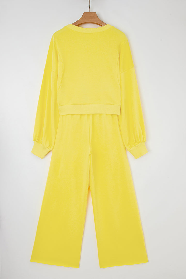 Yellow Cream Drop Shoulder Puff Sleeve Crop Pullover Drawstring Wide Leg Pants Set
