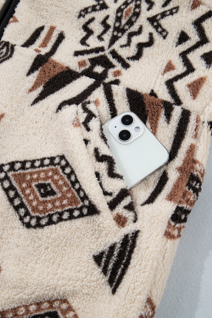 Beige Geometric Print Zip-up Placket Binding Tape Jacket