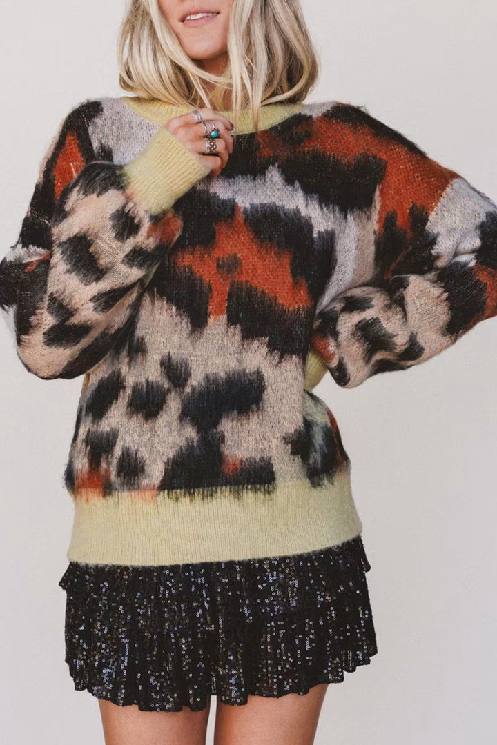 Khaki Leopard Print Long Sleeve Round Neck Sweater