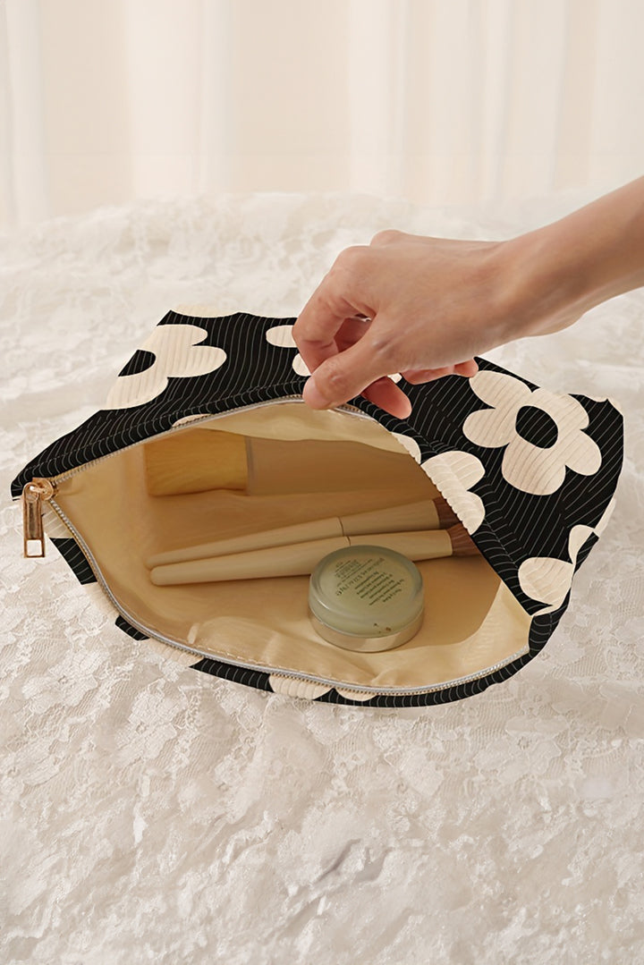 Kosmetiktasche mit Blumendruck und Rippstruktur
