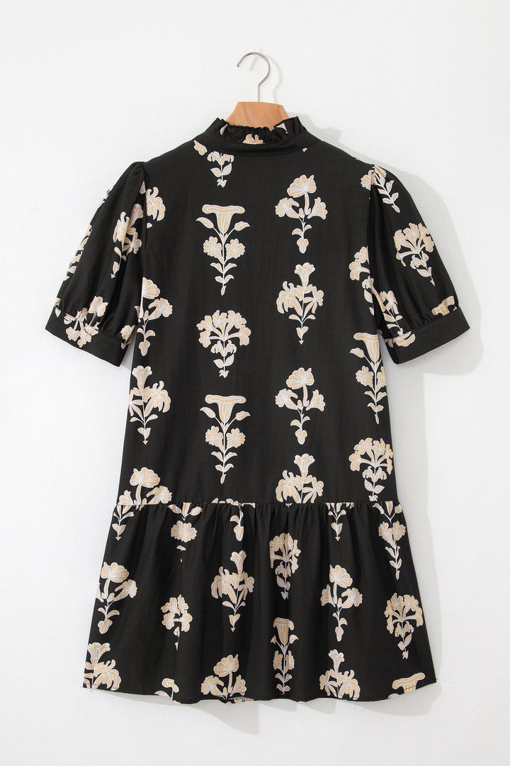 Black Frilled V Neck Puff Short Sleeve Floral Mini Dress