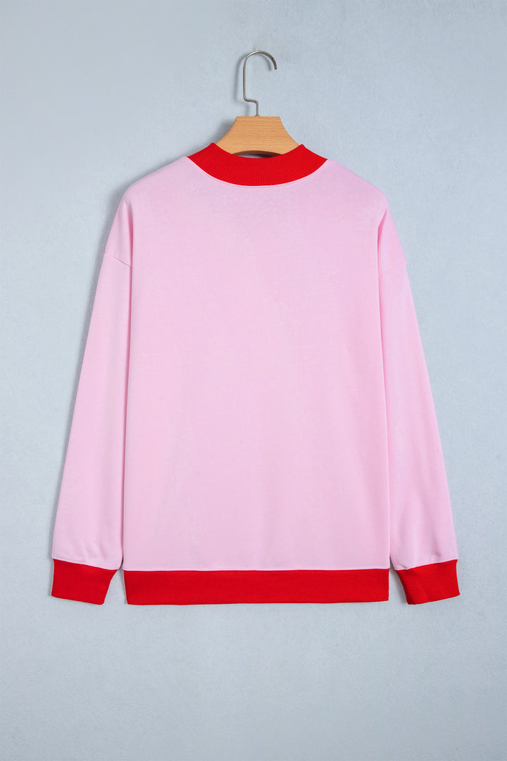 Pink Colorblock Trim Crewneck Long Sleeve Pullover Sweatshirt